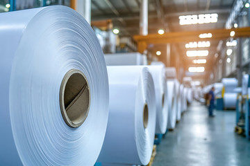 hala magazynowa z wielkimi rolkami folii