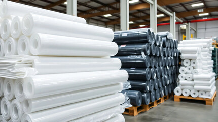 hala magazynowa z rolkami folii ułożonymi na paletach