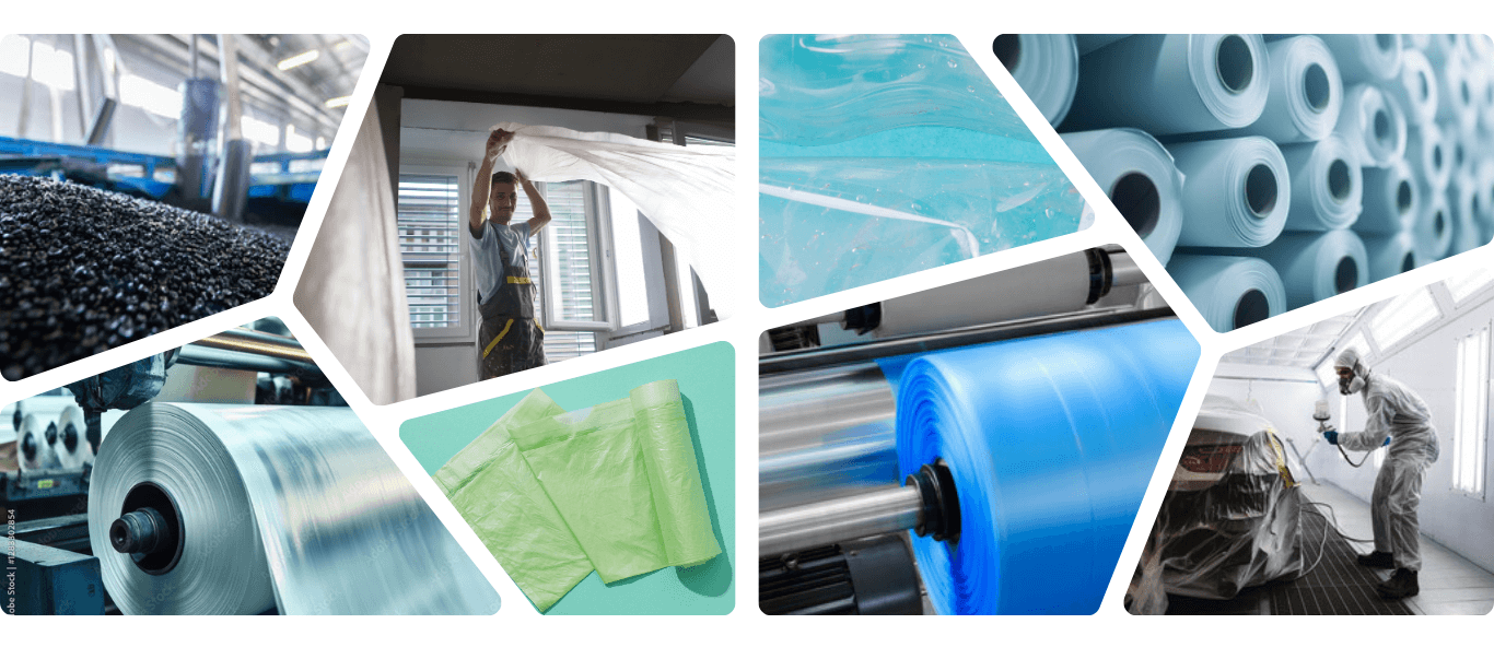 kolaż zdjęć na którym znajduje się 8 zdjęć z regranulatem, folią na rolkach, lakiernika samochodowego, worki na odpady