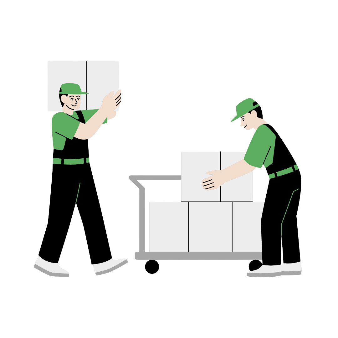 ikona przedstawiająca dwóch pracowników magazynu ustawiających kartony na wózku do transportu