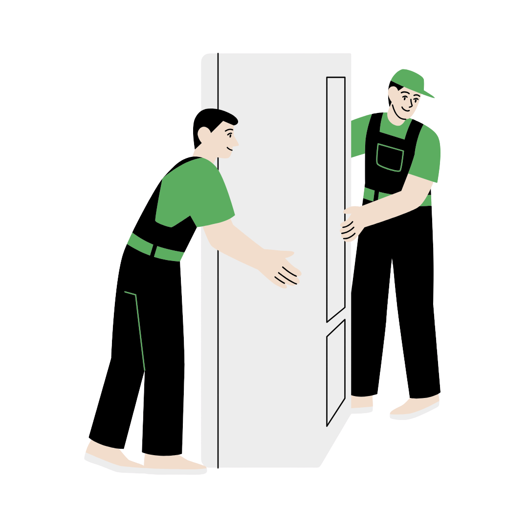 ikona przedstawiająca dwóch pracowników ustawiających duży mebel