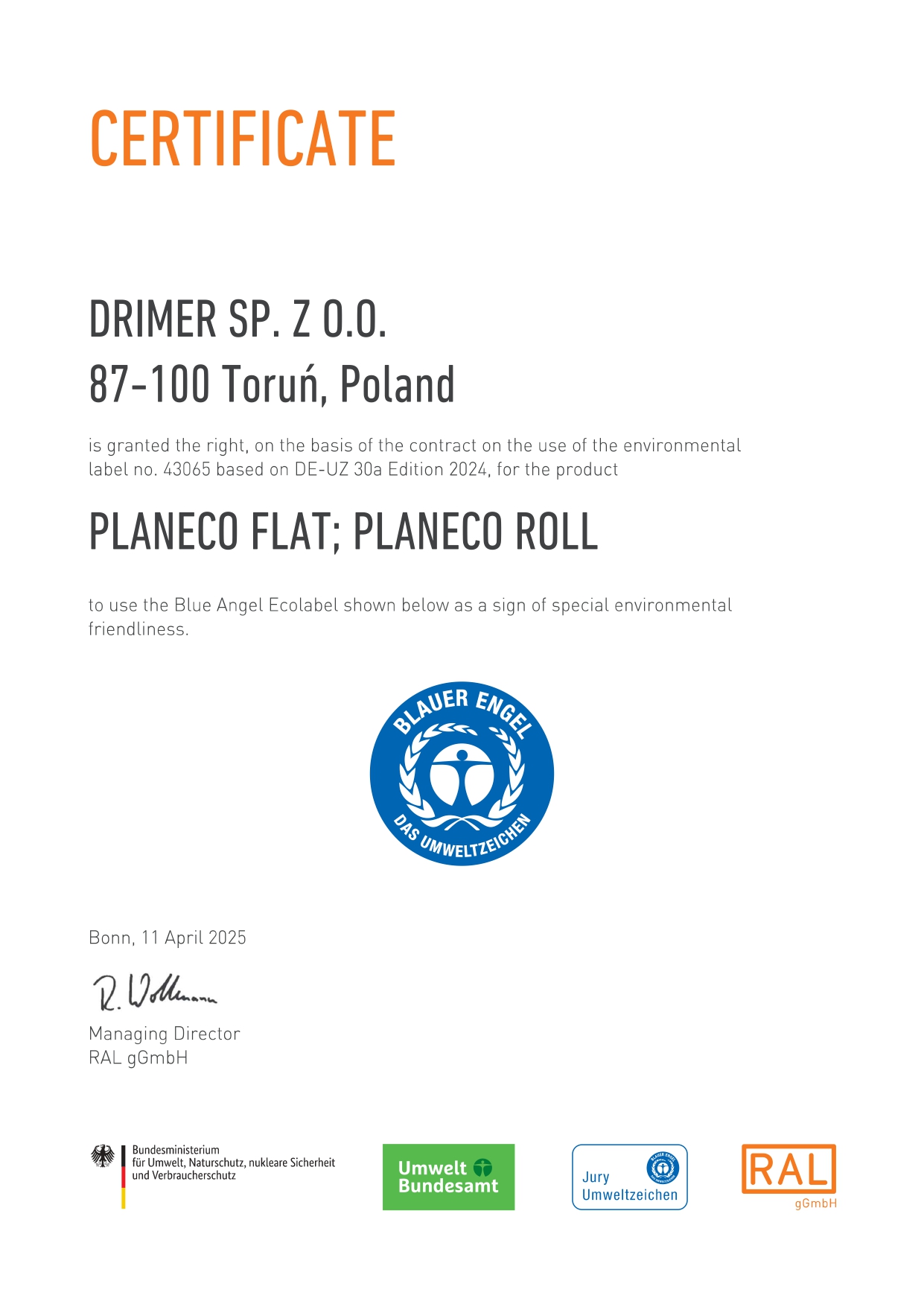 zdjęcie certyfikatu blue angel w języku angielskim