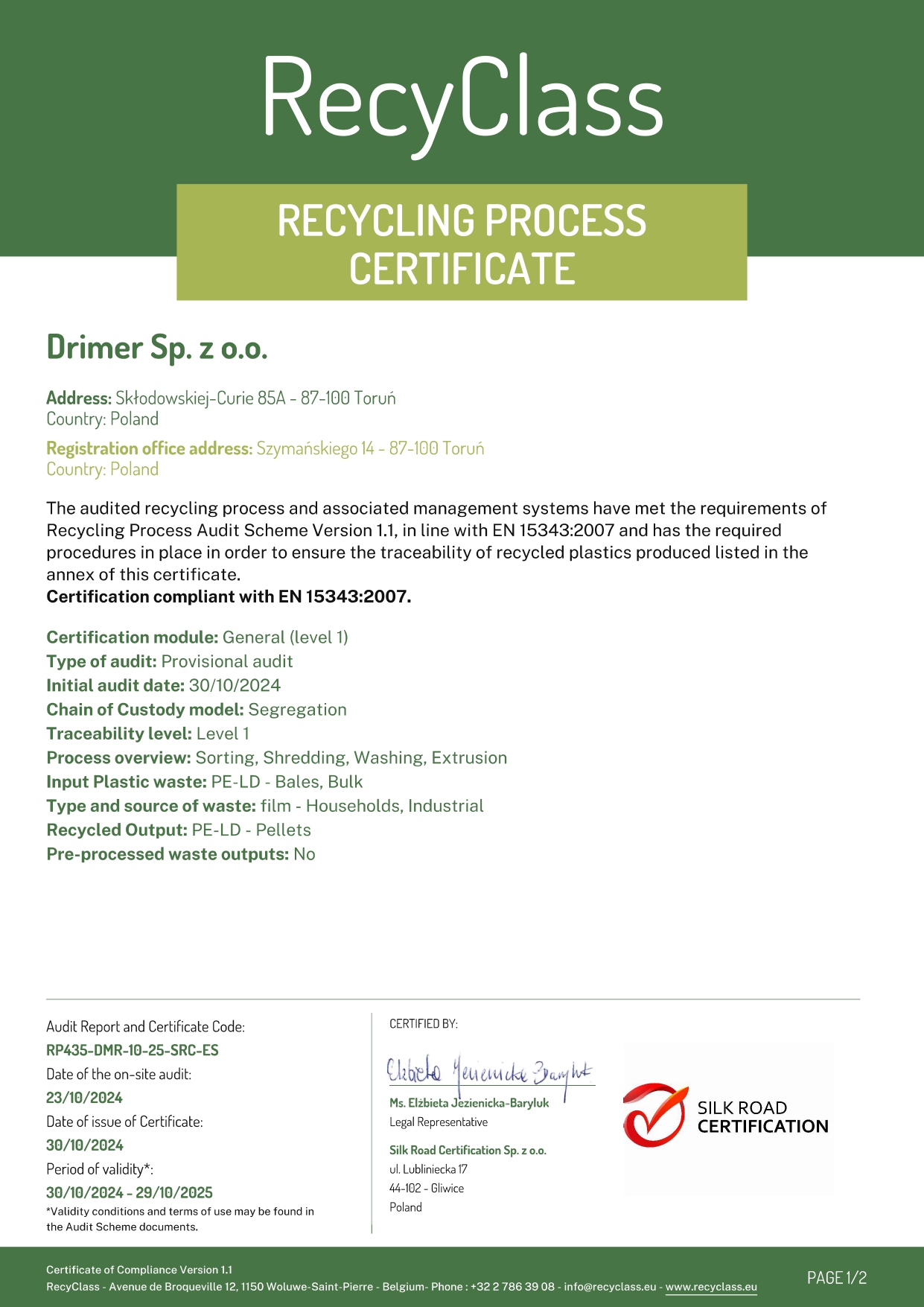 zdjęcie certyfikatu recyclass w języku angielskim