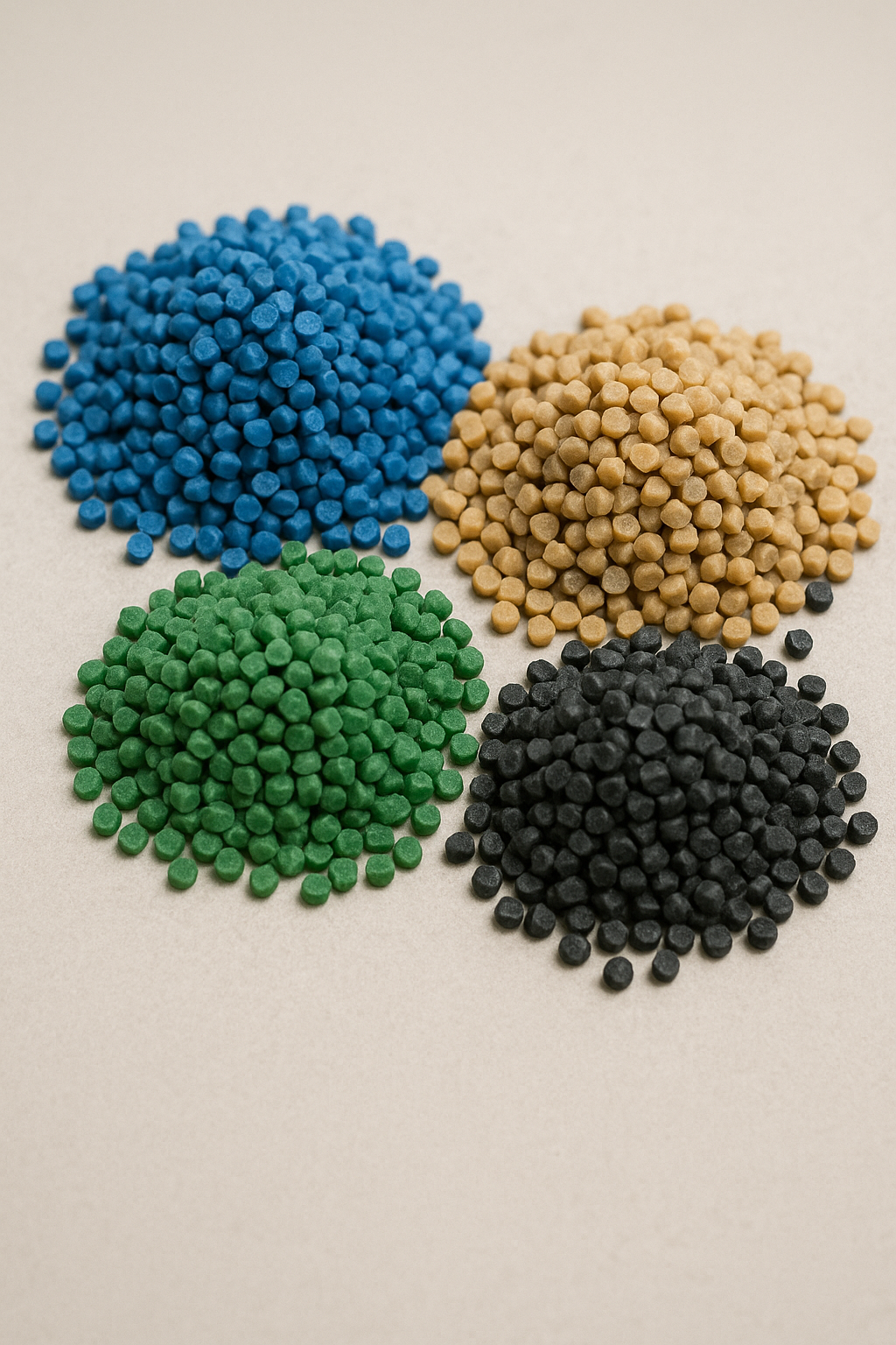 regranulat w kolorach zielonym, czarnym, kremowym i niebieskim